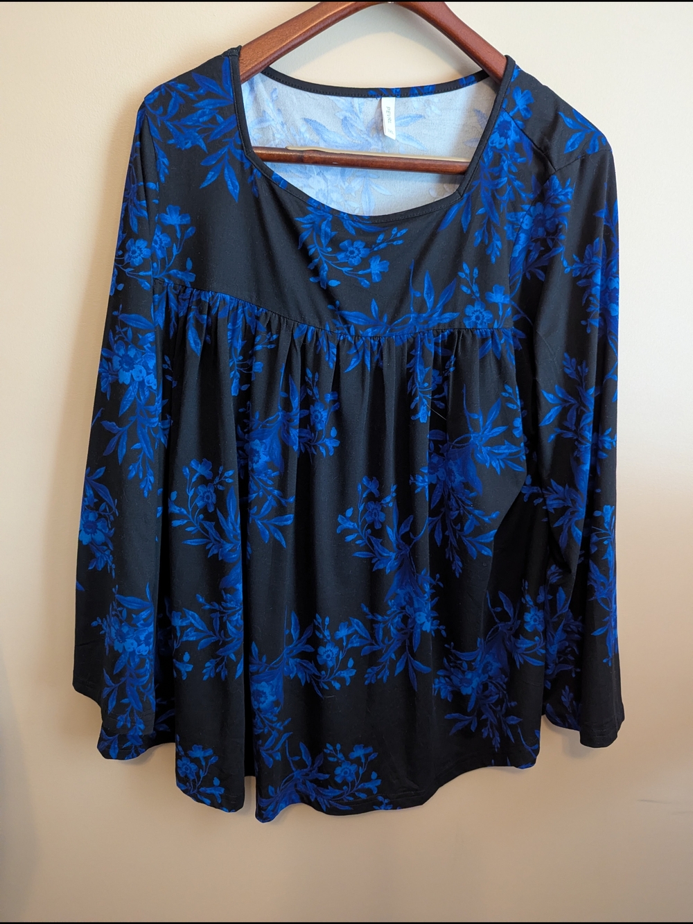 Women's Black Long-Sleeve Top with Royal Blue Floral Print